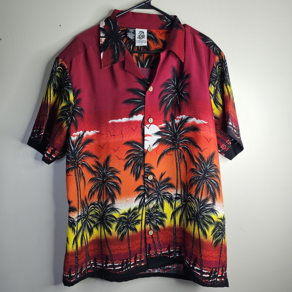 Vintage-Inspired Palm Print Camp Shirt - Red/Orange/Yellow